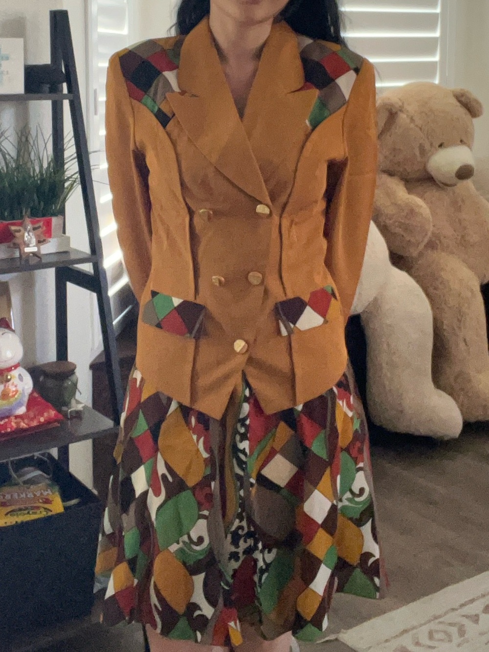 Women's Mustard Double-Breasted Blazer Jacket with Multicolor Geometric Trim